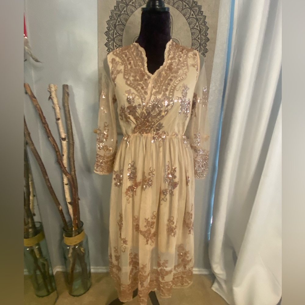 Elegant Beige Embroidered Dress